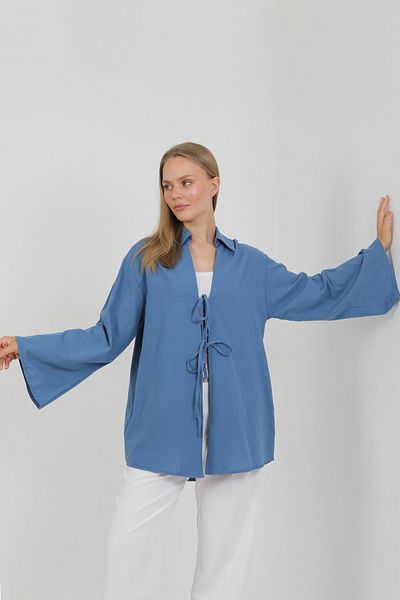 PASTELASTORE Kimono pentru femei 100% bumbac și in, cu șireturi, buzunar 1165 – guler cămașă, țesătură respirabilă