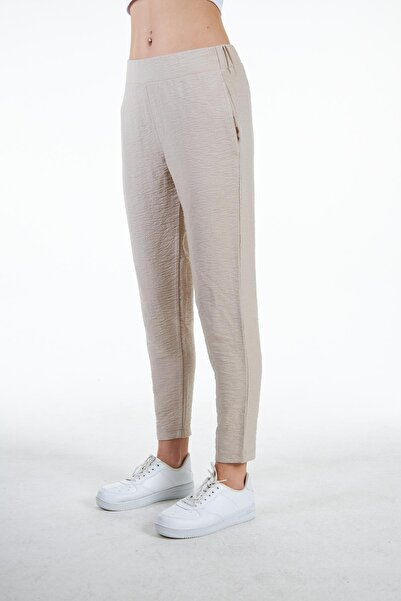 Chandraswear Bej Kadın Keten Görünümlü Carrot Fit Havuç Pantolon - Perla