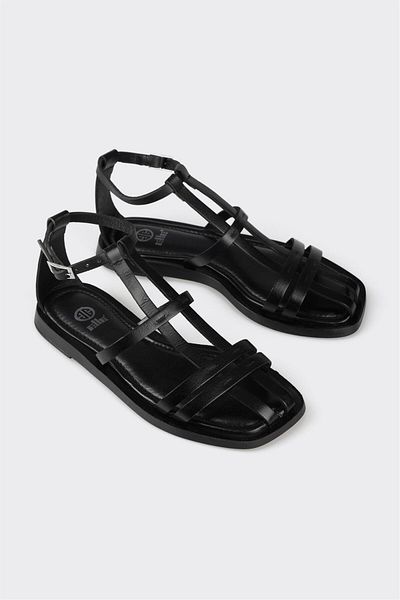 Elle Shoes Black Leather Women's Flat Sandals