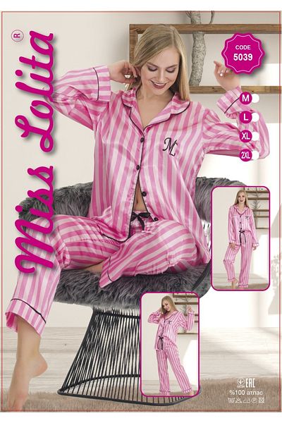 MİSS LOLİTA Women's Long Sleeve Lycra Satin Stylish Pajama Set 5039