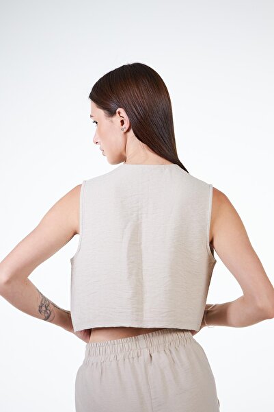 Chandraswear Beige Women's Linen Look Crop Vest - Rebeca