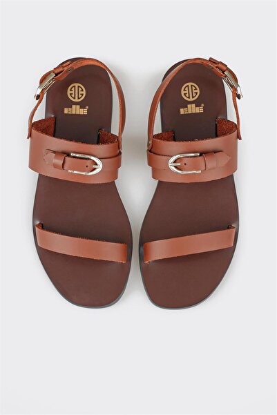 Elle Shoes Tan Leather Women's Flat Sandals