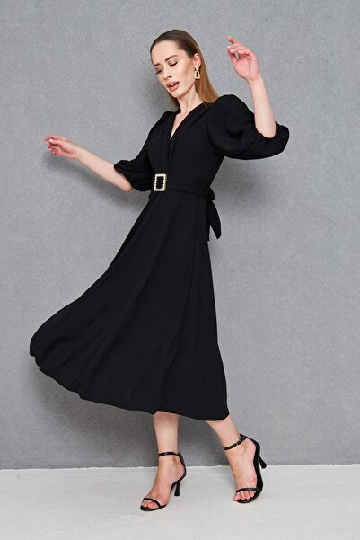 Secret Passion Lingerie Γυναικείο μπαλόνι μανίκι με πέτρα με λεπτομέρεια με ζώνη με διπλό γιακά μαύρο βραδινό φόρεμα 3602