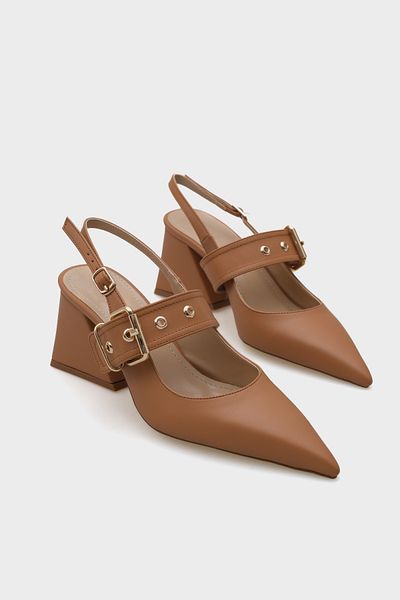 Capone Outfitters Дамски обувки Riva с отворен гръб и катарама, детайлен дебел ток