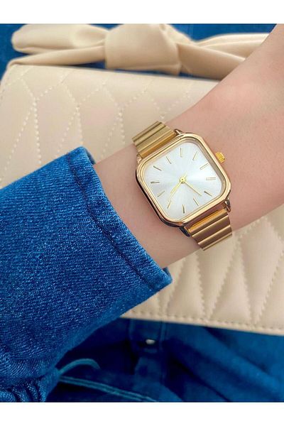 Arzu Butik Women's Wristwatch Metal Strap Minimal Square Gold Color
