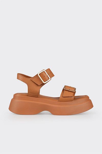 Elle Shoes Tan Leather Women's Wedge Heel Sandals