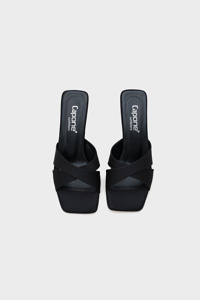 Capone Outfitters Capone Blunt Toe Cross Strapped Hourglass Heeled Satin Black Women's Slippers