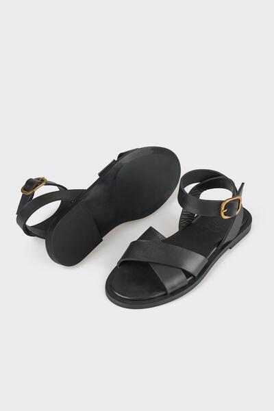 Elle Shoes Black Leather Women's Flat Sandals