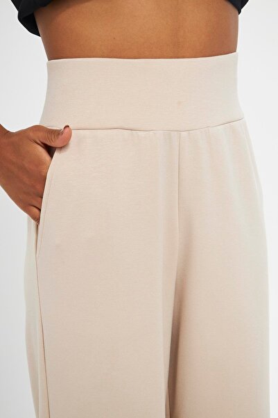 Chandraswear Beige Women's High Waist Wide Leg Sweatpants - Mayer
