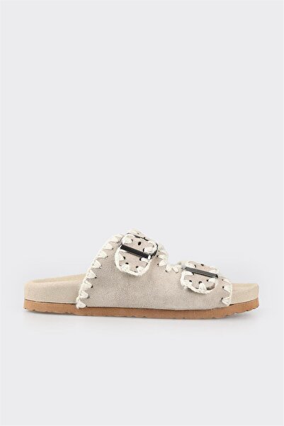 Elle Shoes Bej Deri Kadın Düz Terlik