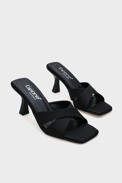 Capone Outfitters Capone Blunt Toe Cross Strapped Hourglass Heeled Satin Black Women's Slippers