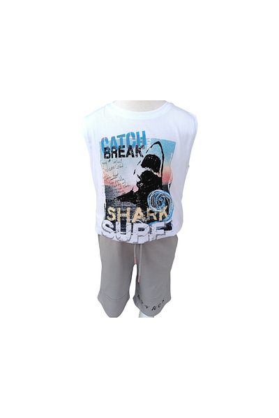 Çikoby Boys' Double Suit Printed White Undershirt Lace-Up Gray Shorts with Pockets