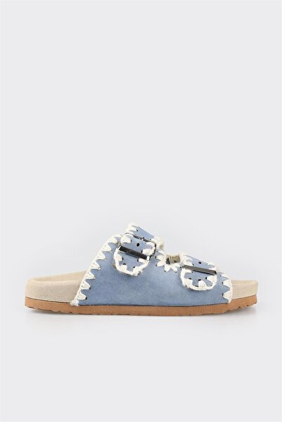 Elle Shoes Mavi Deri Kadın Düz Terlik