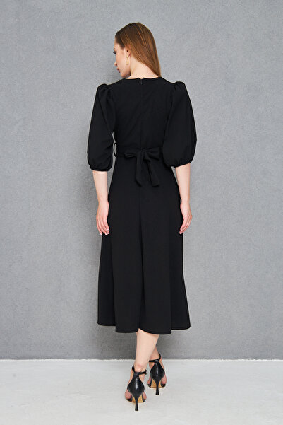 Secret Passion Lingerie Γυναικείο μπαλόνι μανίκι με πέτρα με λεπτομέρεια με ζώνη με διπλό γιακά μαύρο βραδινό φόρεμα 3602