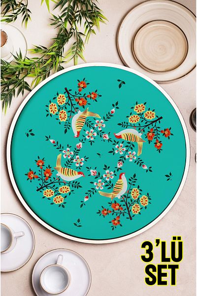 kutuTR 🕊   قم بحمل أناقة الطبيعة إلى طعامك - مجموعة صواني MDF مكونة من 3 قطع بنمط الطيور والزهور (24 سم) M15