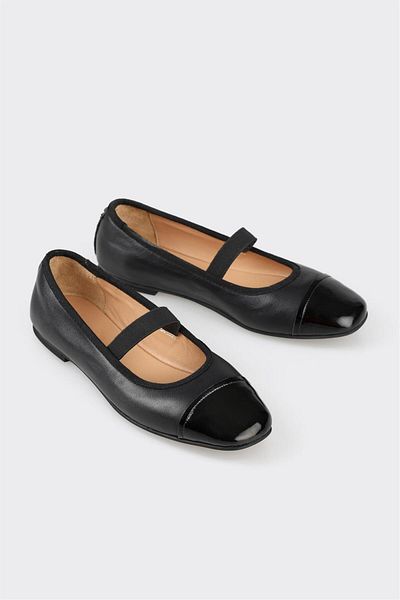 Elle Shoes Black Leather Women's Ballerinas