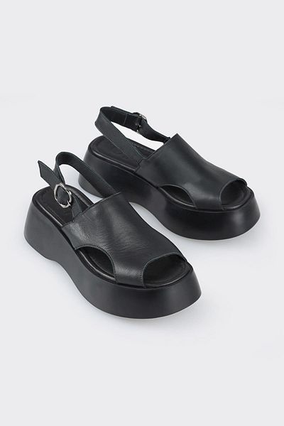 Elle Shoes Black Leather Women's Wedge Heel Sandals