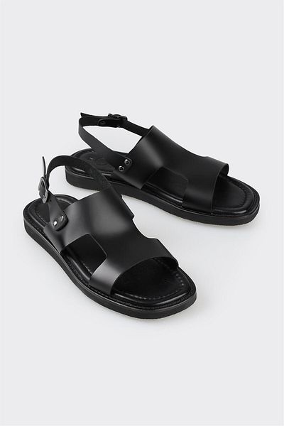 Elle Shoes Black Leather Women's Flat Sandals