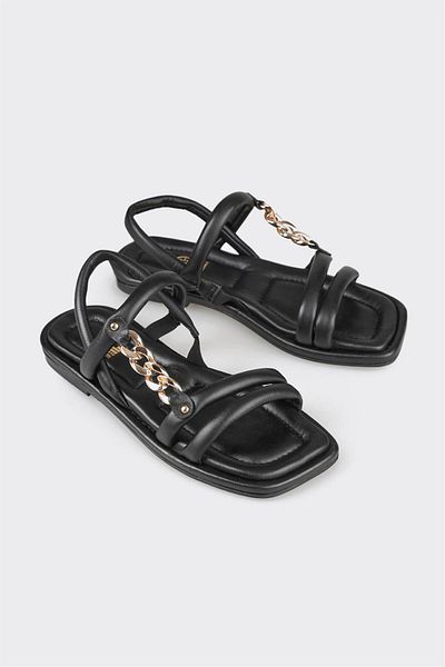 Elle Shoes Black Leather Women's Flat Sandals