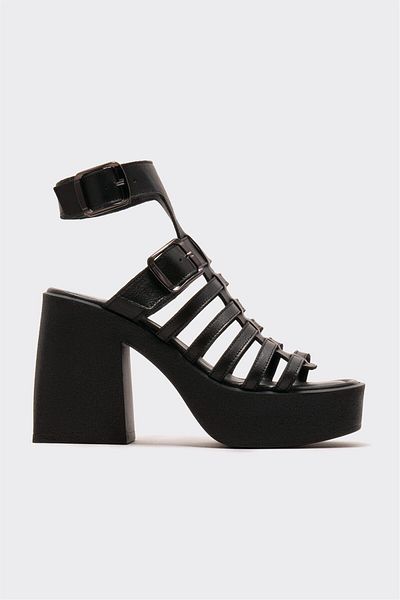 Elle Shoes Black Leather Women's Heeled Sandals