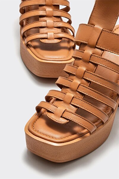 Elle Shoes Tan Leather Women's Heeled Sandals