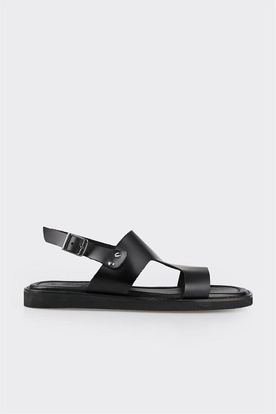Elle Shoes Black Leather Women's Flat Sandals