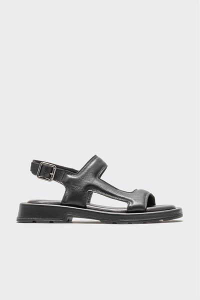Elle Shoes Black Leather Women's Flat Sandals