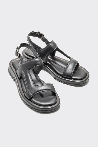 Elle Shoes Black Leather Women's Flat Sandals