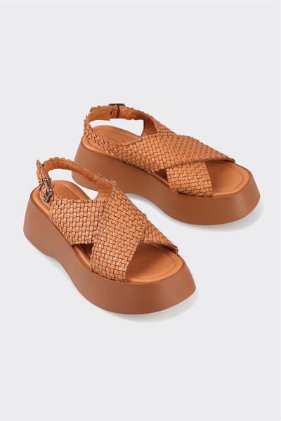 Elle Shoes Tan Leather Dámské sandály na klínovém podpatku