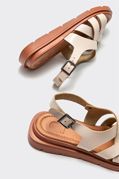 Elle Shoes Beige Leather Women's Flat Sandals