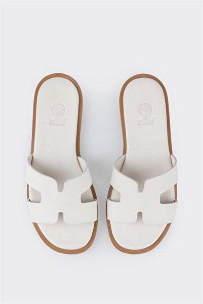 Elle Shoes Ekru Deri Kadın Düz Terlik