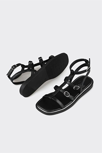 Elle Shoes Black Leather Women's Flat Sandals