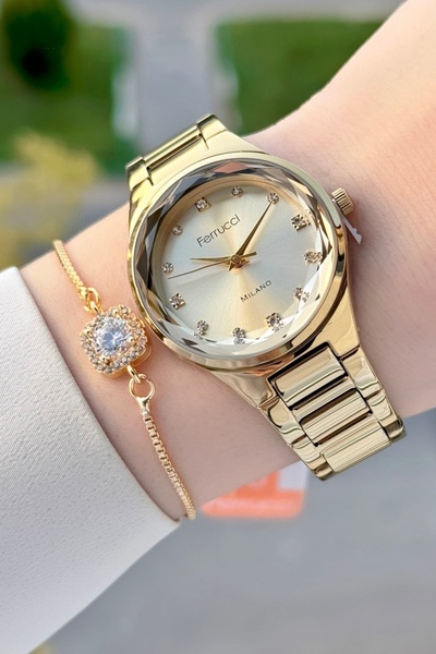 Ferrucci Gold Renk Kadın Kol Saati ve Bileklik