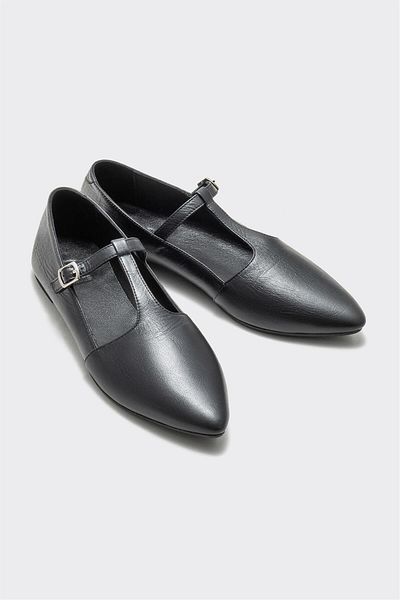 Elle Shoes Black Leather Women's Ballerinas