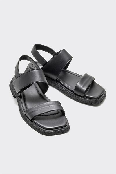 Elle Shoes Black Leather Women's Flat Sandals