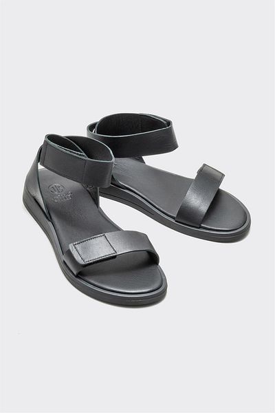 Elle Shoes Black Leather Women's Flat Sandals