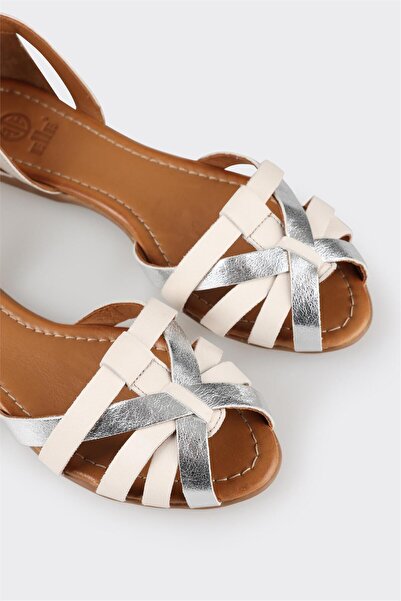 Elle Shoes Ecru Leather Women's Flat Sandals