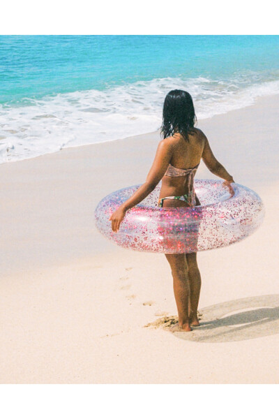 Intex Simli Jumbo Şeffaf Deniz Simidi – 119 cm Gold Glitter Şişme Deniz Yatağı Pink