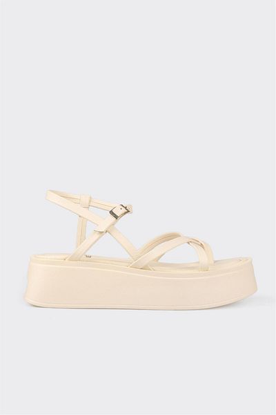 Elle Shoes Beige Leather Women's Wedge Heel Sandals