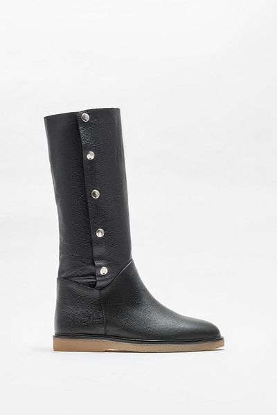 Elle Shoes Black Leather Women's Flat Boots