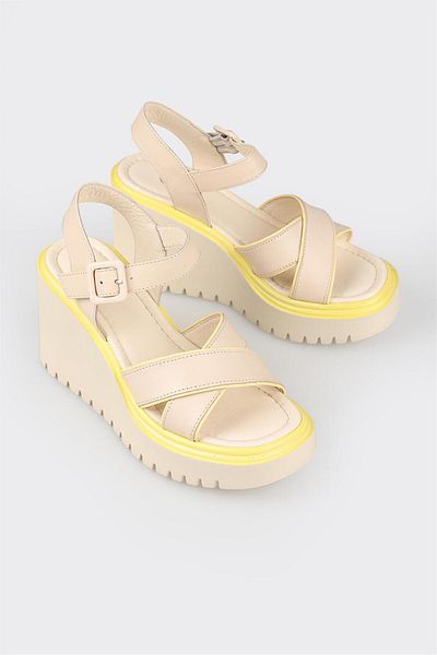 Elle Shoes Ecru Leather Women's Wedge Heel Sandals