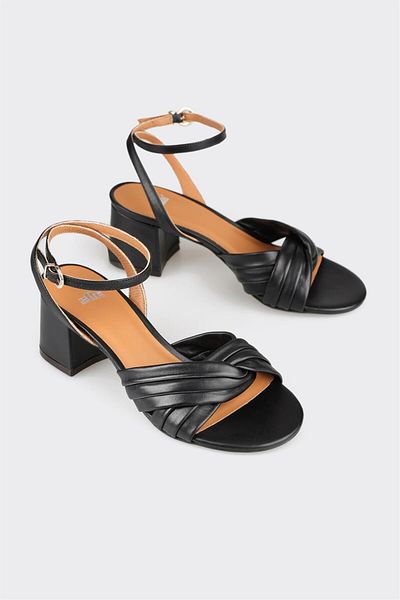 Elle Shoes Black Leather Women's Heeled Sandals