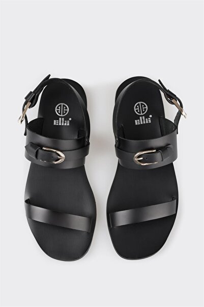 Elle Shoes Black Leather Women's Flat Sandals