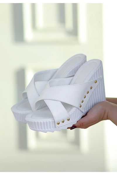 O K GİYİM Aless White Leather Wedge Heel Slippers