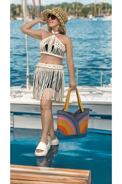 Zuviel Deco Handmade Macrame Bra Double Beach Set, Beach Dress, Pareo, Skirt and Bustier