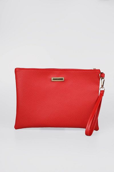 Bagfoni Hand Strap Clutch Bag with Red Metal Accessories