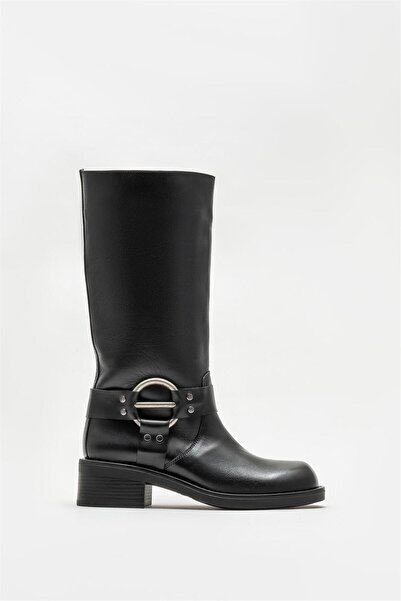 Elle Shoes Siyah Deri Kadın Düz Çizme
