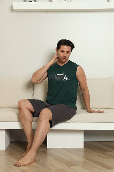 shopshop Men's Khaki Printed 100% Cotton Athlete Shorts Sleeveless Sports Style Summer Pajama Set with Pockets