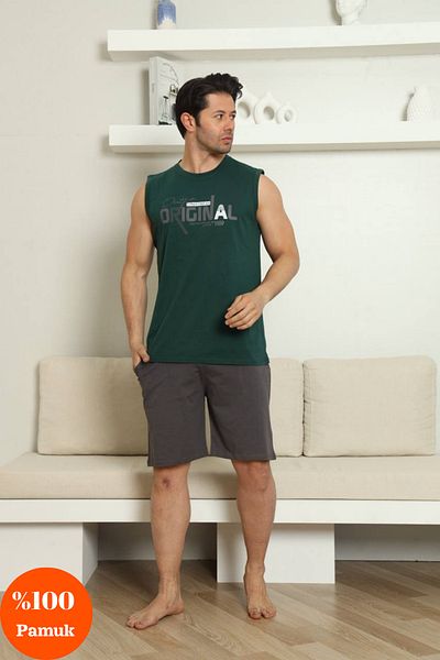 shopshop Men's Khaki Printed 100% Cotton Athlete Shorts Sleeveless Sports Style Summer Pajama Set with Pockets