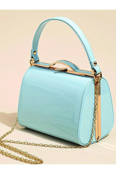 ÇANTA Hard Shell Clip Pu Cute Simple Patent Leather Pearl Leather Blue Patent Leather Women's Hand Bag